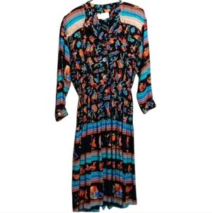 California Girl Vintage 80s Black Teal Orange Southwestern Rayon Dress Fringe